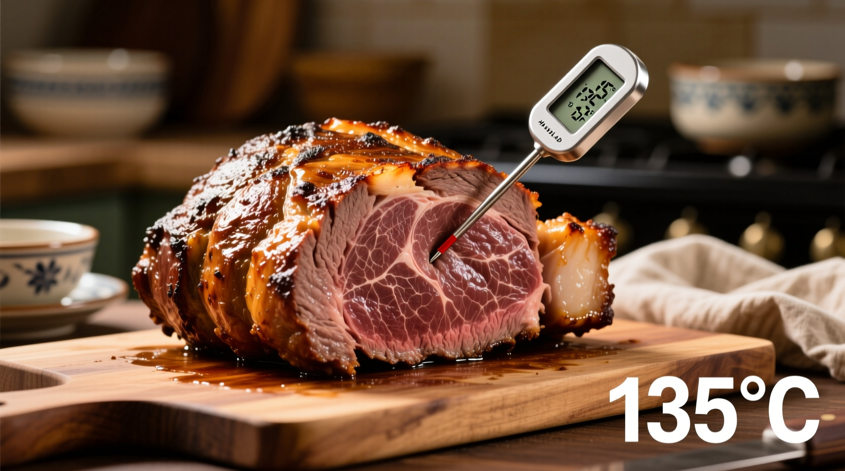 Perfectly roasted beef with golden crust and meat thermometer