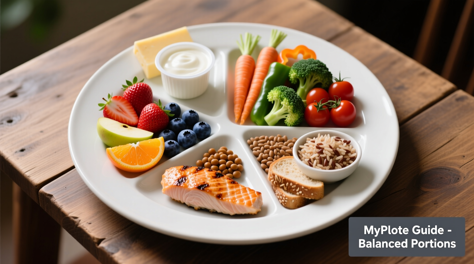 Colorful plate showing five food groups with proper portions