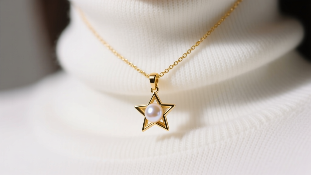 Macro shot of a micro-pearl and tiny star 14k gold pendant on a white turtleneck, bright studio lighting, sharp jewelry focus.