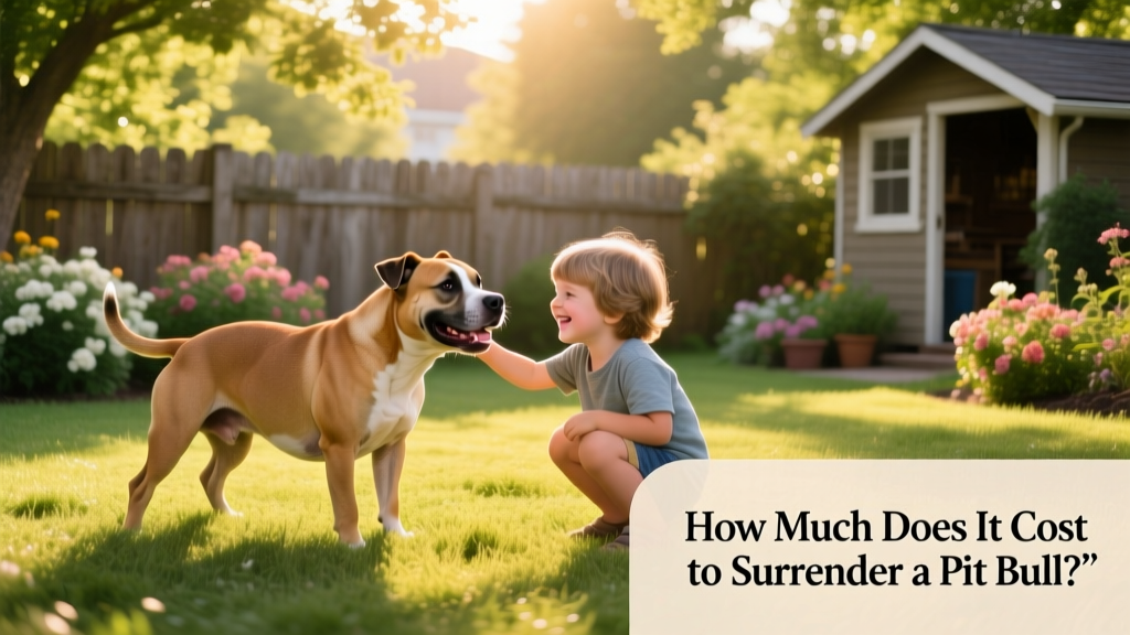 Happy Pit Bull playing gently with a child in a sunlit backyard, illustrating trust and positive temperament