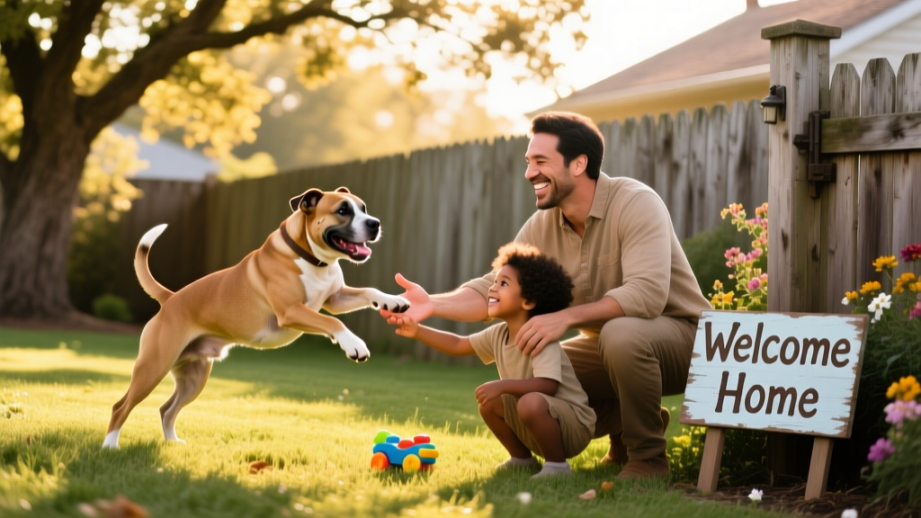 A happy American Staffordshire Terrier playing in a fenced backyard with a new family, symbolizing a successful rehoming