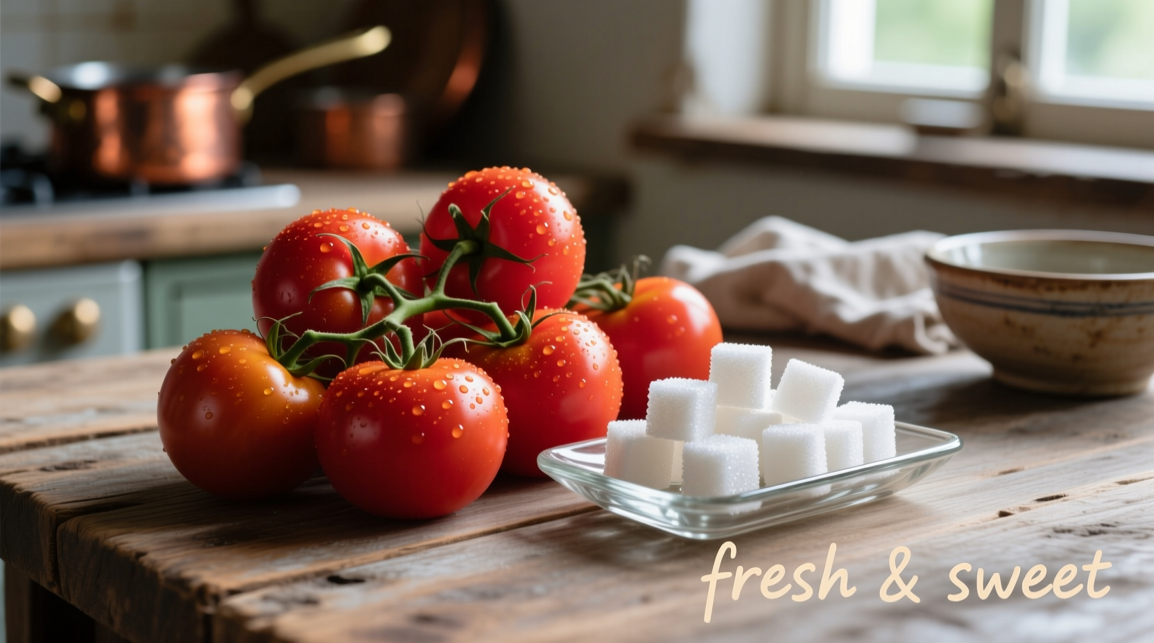 Fresh tomatoes and sugar cubes side by side