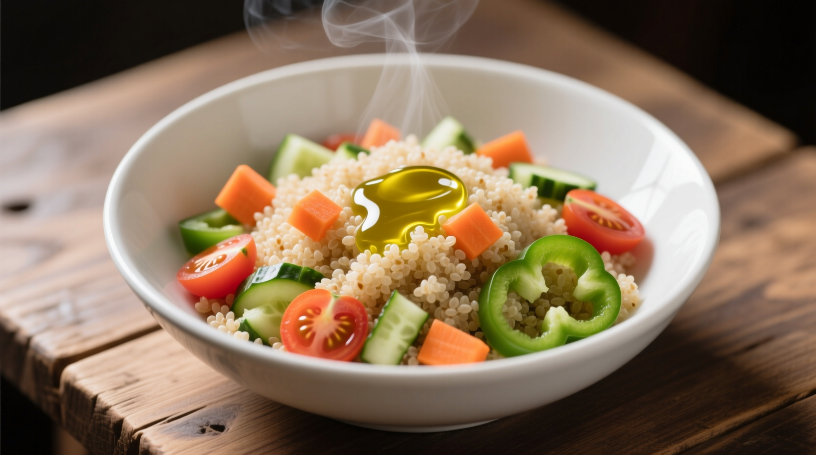 Fluffy cooked quinoa in white bowl with fresh vegetables