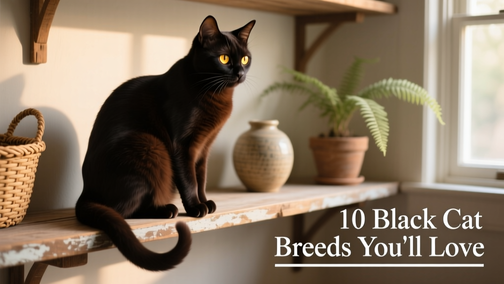 A Chantilly-Tiffany cat with deep brown-black fur and luminous golden eyes, perched gracefully on a wooden shelf
