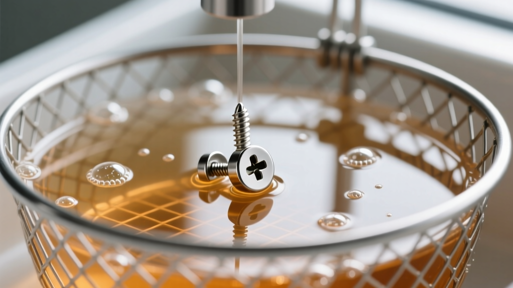 Titanium screw-back earring clasps sitting inside a submerged ultrasonic cleaner basket, being deep cleaned in warm soapy water.