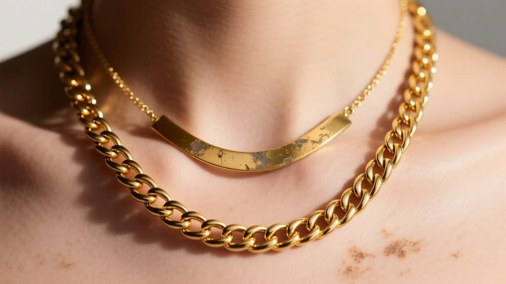 Close-up of a neck wearing a vibrant 14k solid gold chain next to a faded gold-plated brass necklace, showing contrasting color tones.