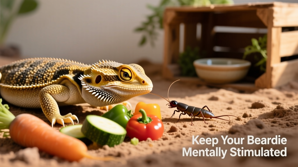 A bearded dragon investigating scattered vegetables and a live dubia roach on a textured substrate