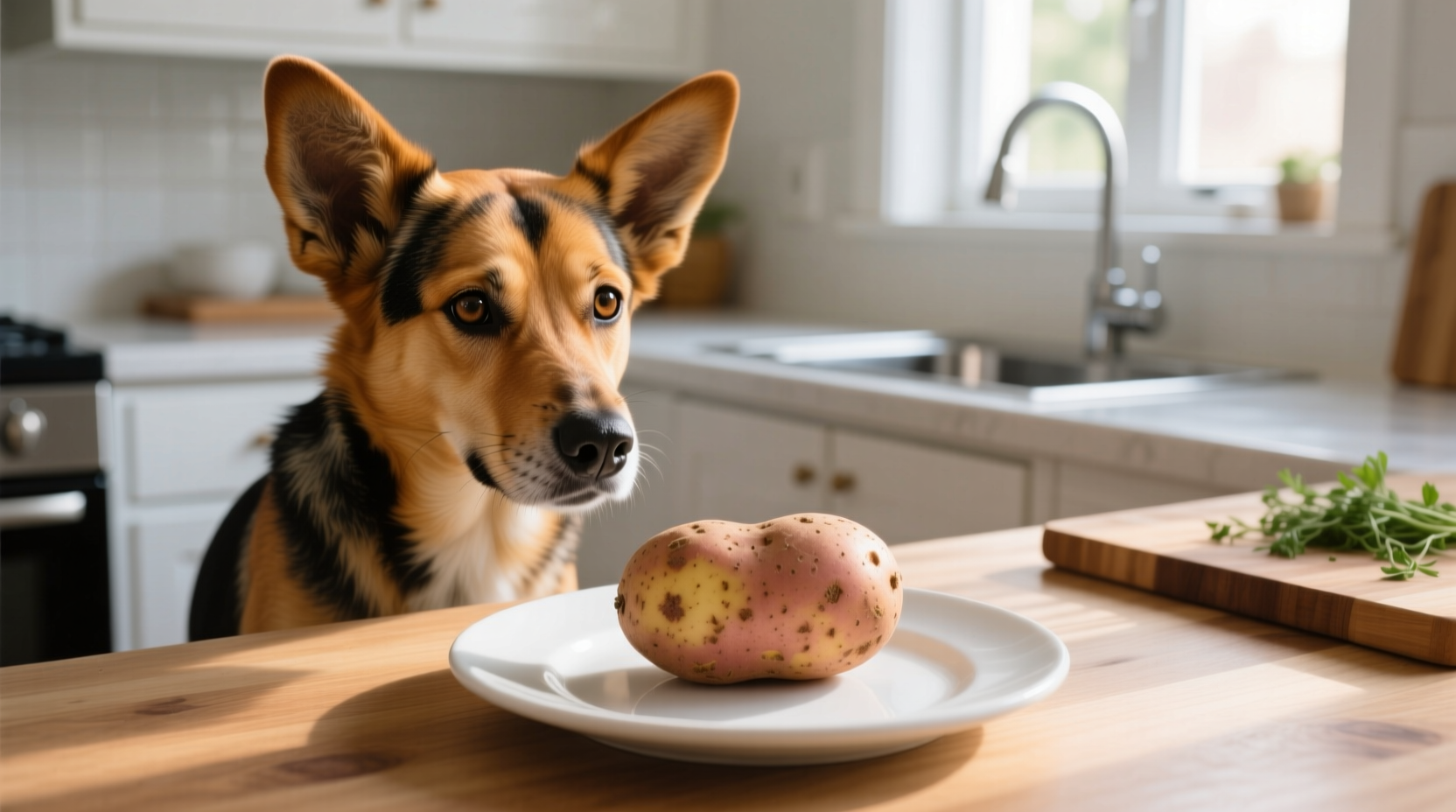 Dog looking curiously at raw potato on kitchen counter