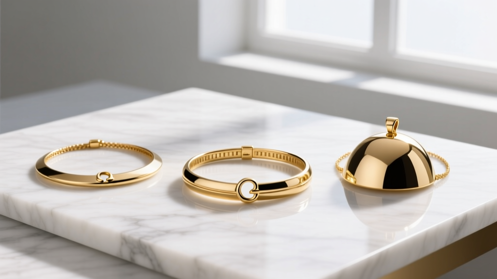 Three gold omega necklaces on white marble, comparing flat, rounded, and dome profiles under bright, directional studio lighting.