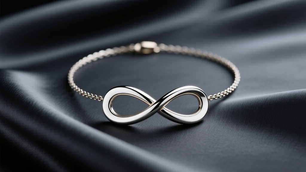 Minimalist 14K white gold infinity necklace resting on dark charcoal silk, highlighting rhodium plating under soft studio lighting