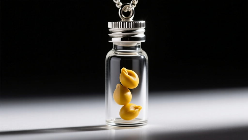 Macro shot of a small glass vial pendant with a silver screw-top cap, holding three tiny yellow mustard seeds against dark velvet.