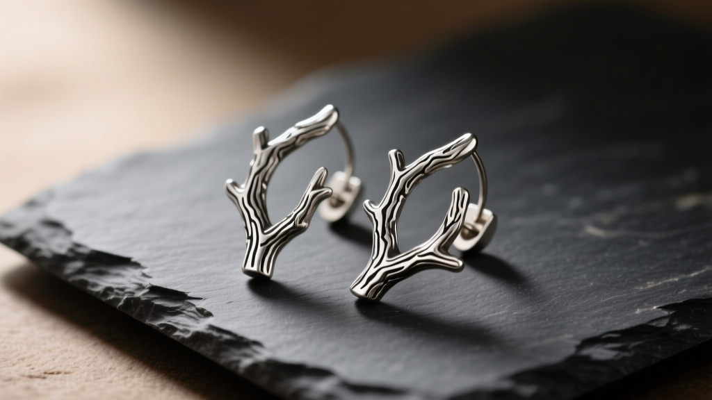 Close-up of oxidized silver branch earrings on slate, showing intricate bark textures and lost-wax casting details in soft light.