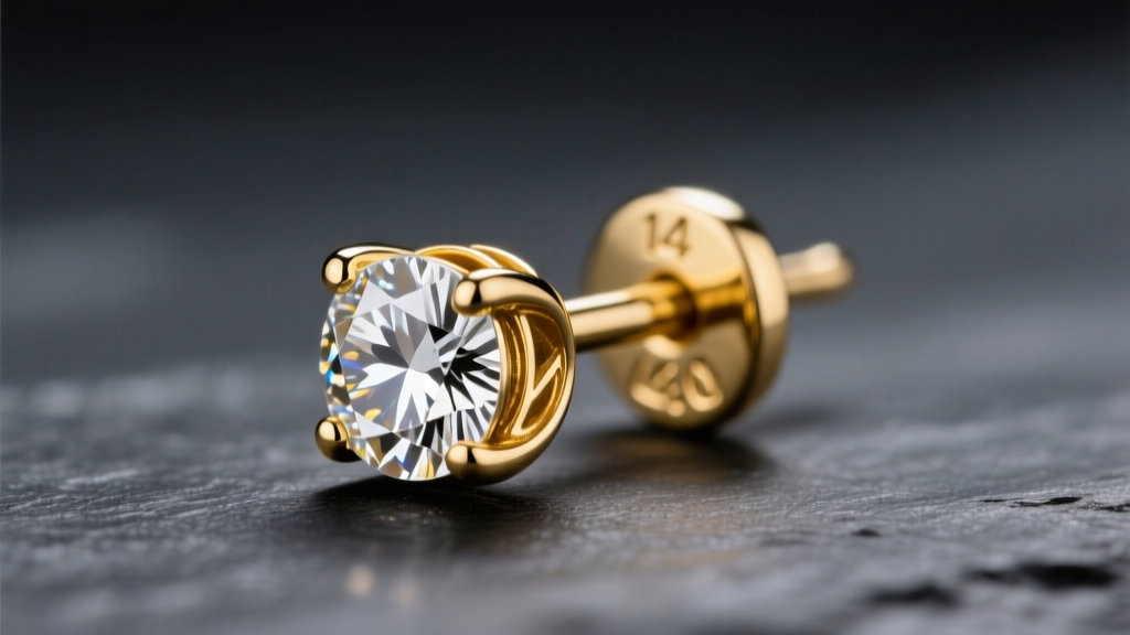 Macro photography of a 14k yellow gold diamond stud earring secured with a premium locking safety earring back on dark slate