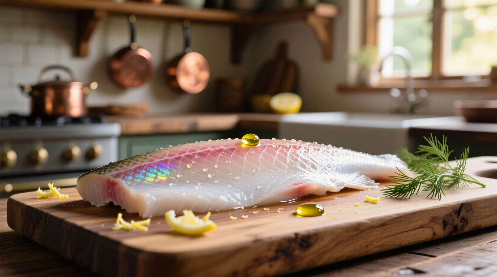Fresh sea bass fillet on wooden cutting board