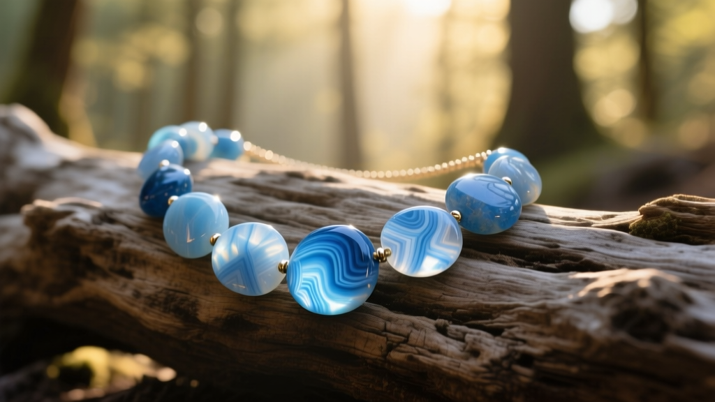 Macro shot of a tumbled blue lace agate pebble necklace resting on raw driftwood, bathed in soft natural morning light.