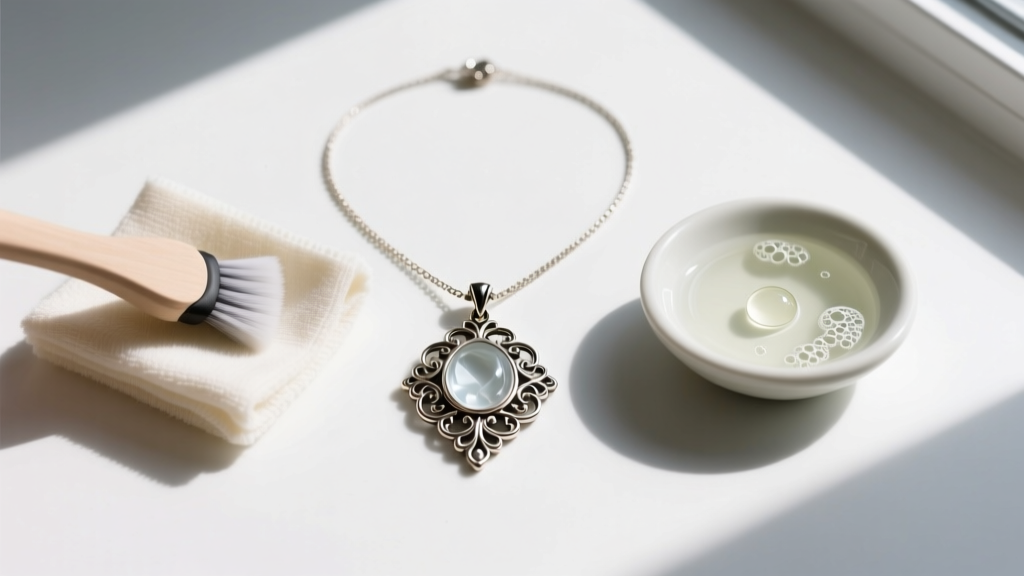 Flat lay of jewelry cleaning supplies including a microfiber cloth, mild soap, and a gothic pendant necklace being polished.