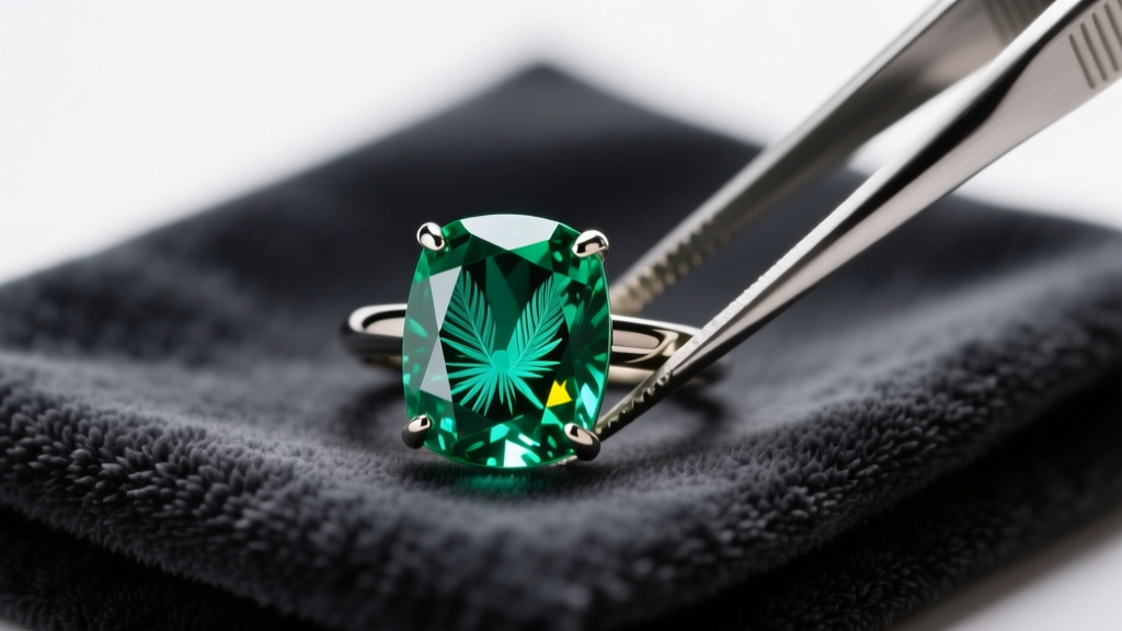 Close-up of a green emerald ring with natural inclusions held by tweezers over a dark microfiber cloth under bright studio lighting