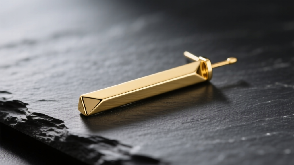 Close-up of a minimalist 14k yellow gold bar drop earring, 40mm long, resting on dark slate with soft directional lighting