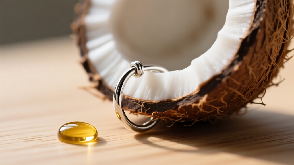 Macro shot of a 20-gauge sterling silver ear wire attached to a coconut shell hoop, with a drop of jojoba oil nearby on wood