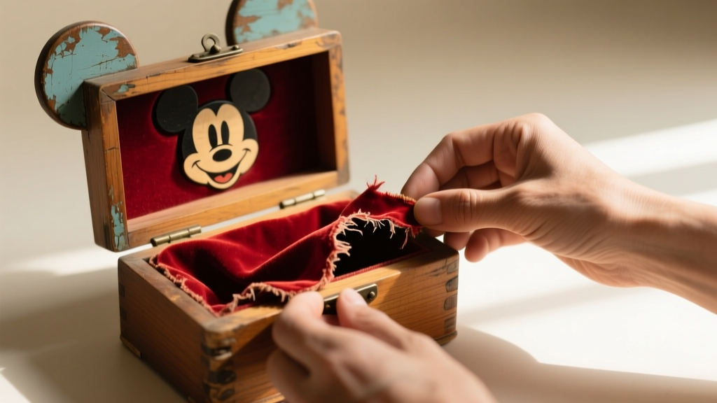 Hands peeling away degraded synthetic velvet lining from the interior base of a vintage Mickey Mouse shaped wooden jewelry box.