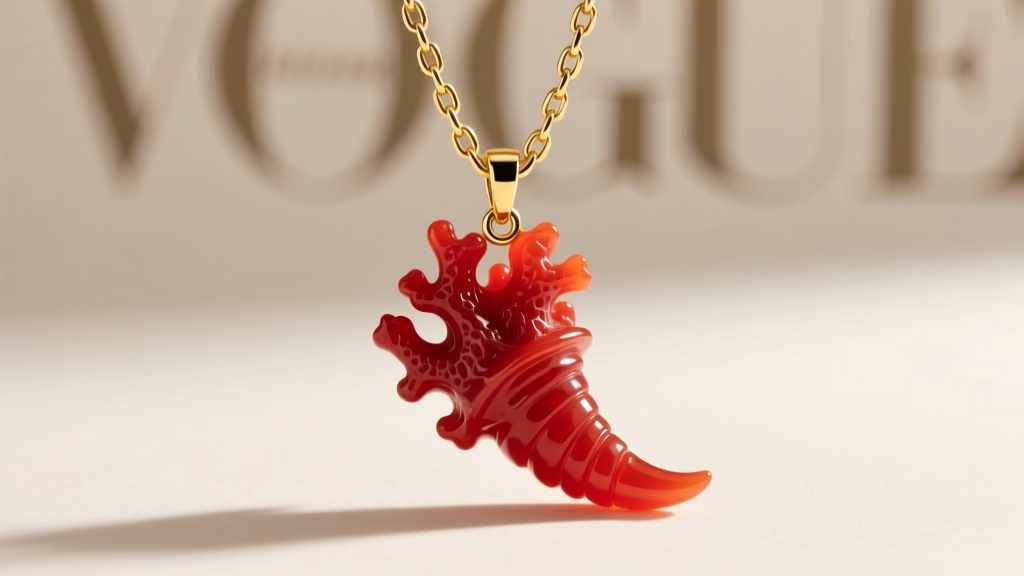 Macro shot of a red coral Italian necklace horn pendant on an 18k yellow gold Figaro chain against soft natural light