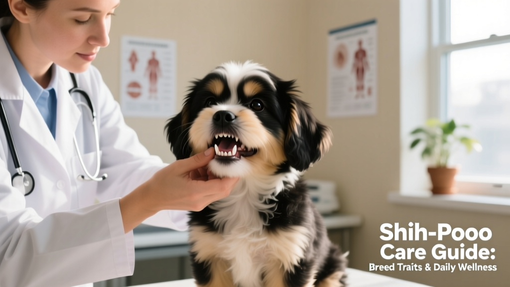 A veterinarian gently examining a Shih-Poo’s teeth during a routine wellness visit