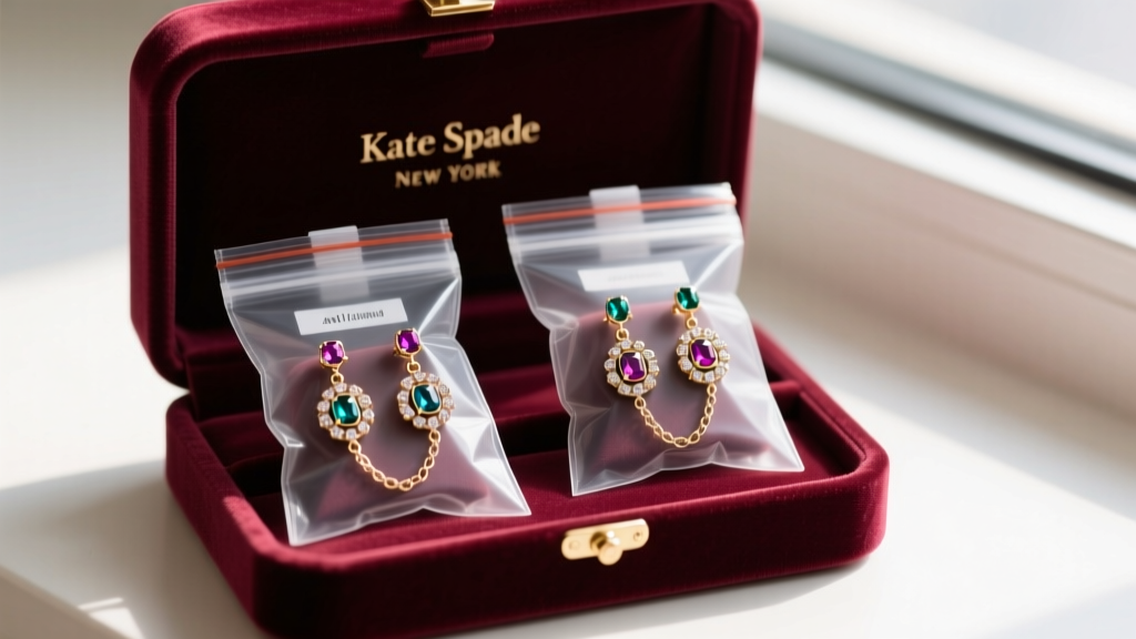 Kate Spade New York drop earrings stored individually in small ziplock bags with anti-tarnish strips inside a velvet jewelry box