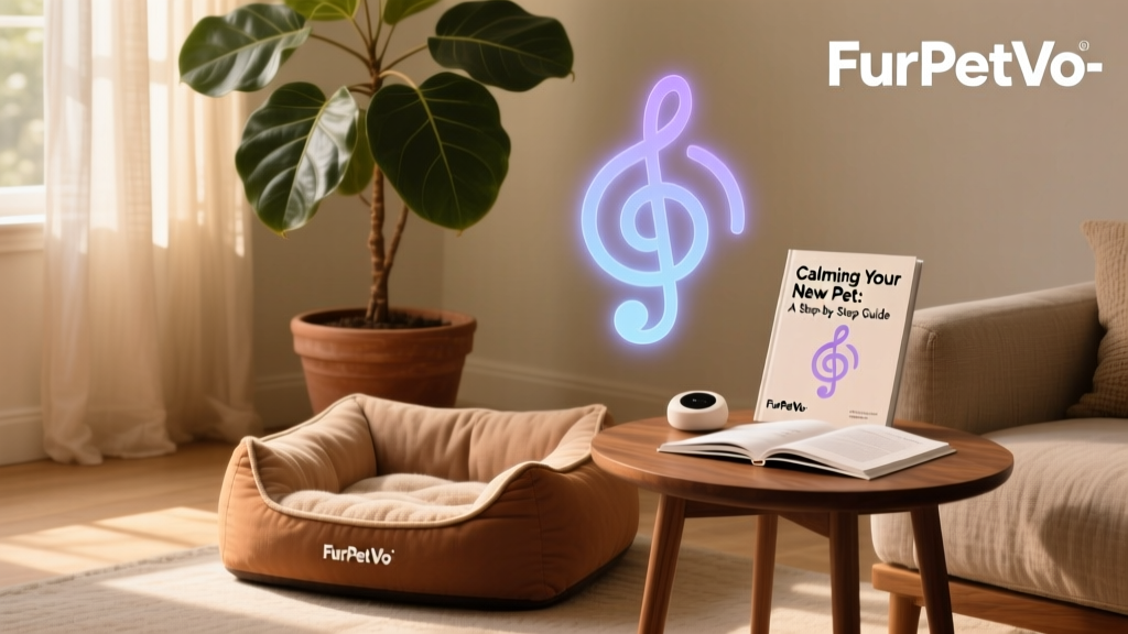 A serene, softly lit room with a cozy pet bed, calming music symbol, and a FurPetVo-branded anxiety relief guide on a side table
