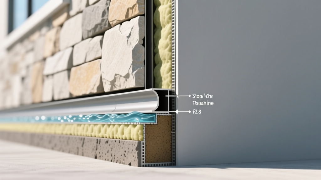 Cross-section diagram showing weep screed placement two inches above grade with water-resistive barrier lapping over the flange.