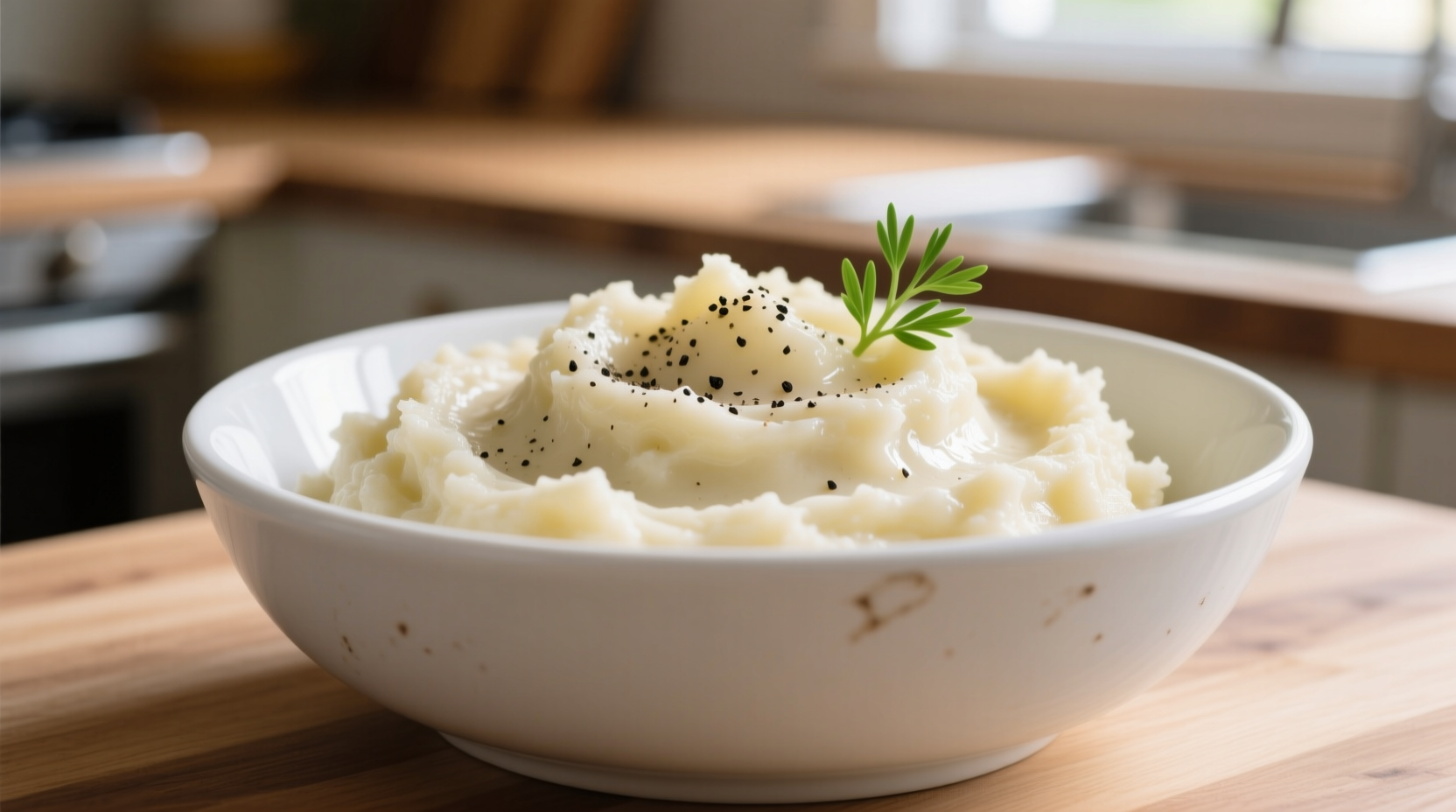 Creamy keto cauliflower mashed potatoes in white bowl