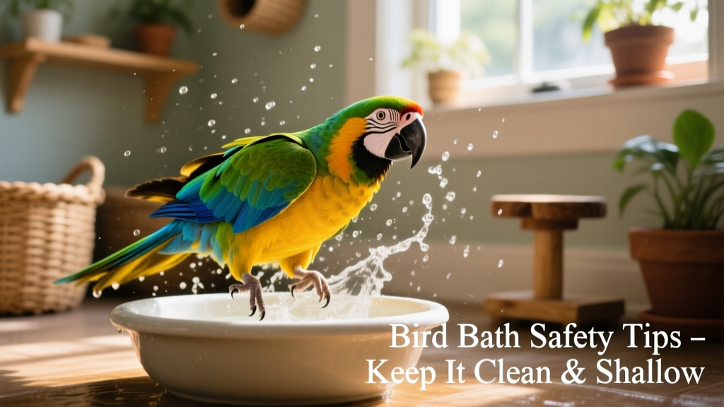Parrot splashing joyfully in a shallow bath dish