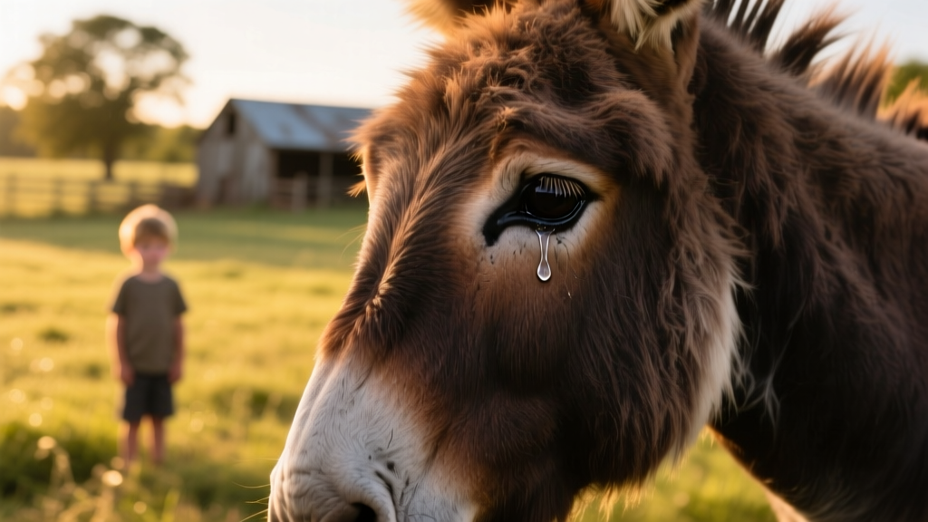 A close-up of Snickers’ eye, glistening with a tear, as he looks fondly toward Gunner just outside the frame