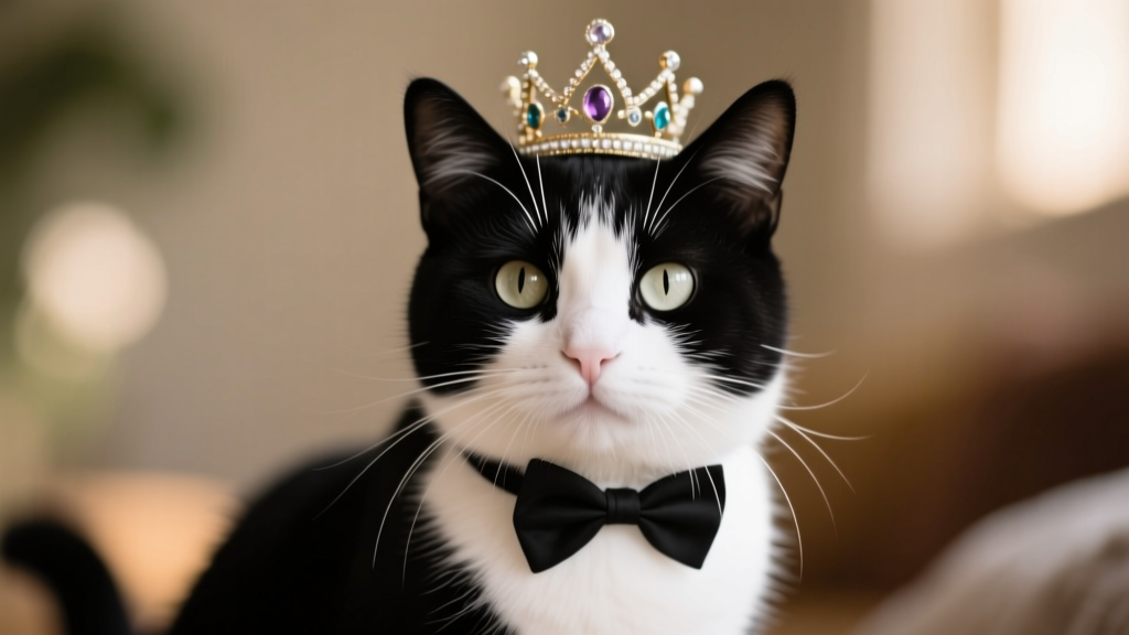 A playful black-and-white tuxedo cat wearing a tiny crown, evoking fantasy-inspired names like Glinda and Elphie