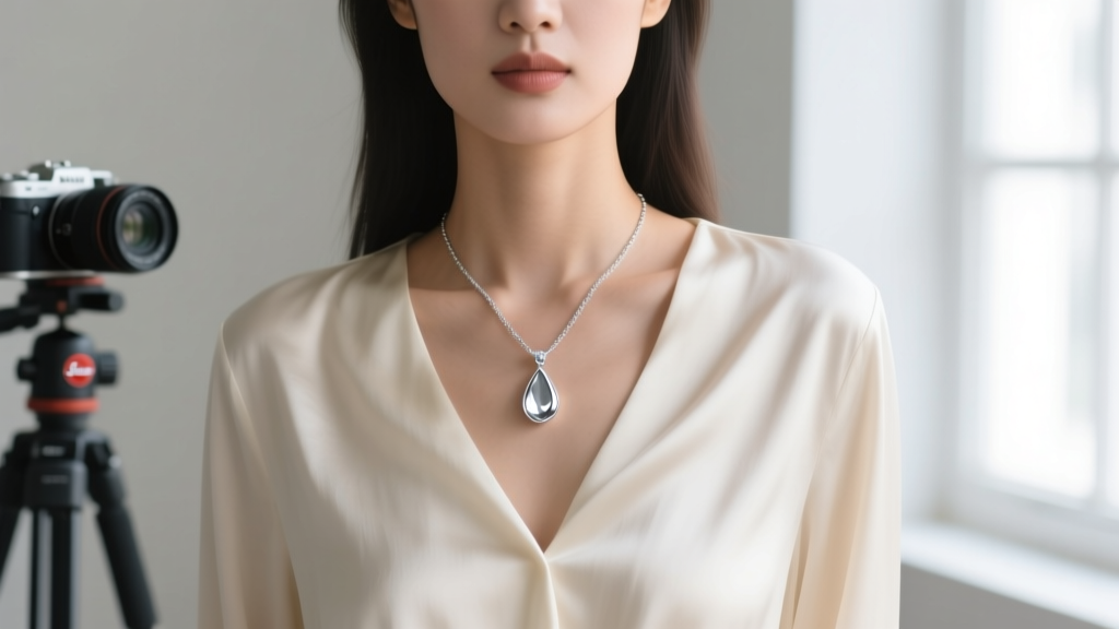 Model wearing a chain with a teardrop pendant falling below the collarbone on a cream silk blouse in bright natural window light