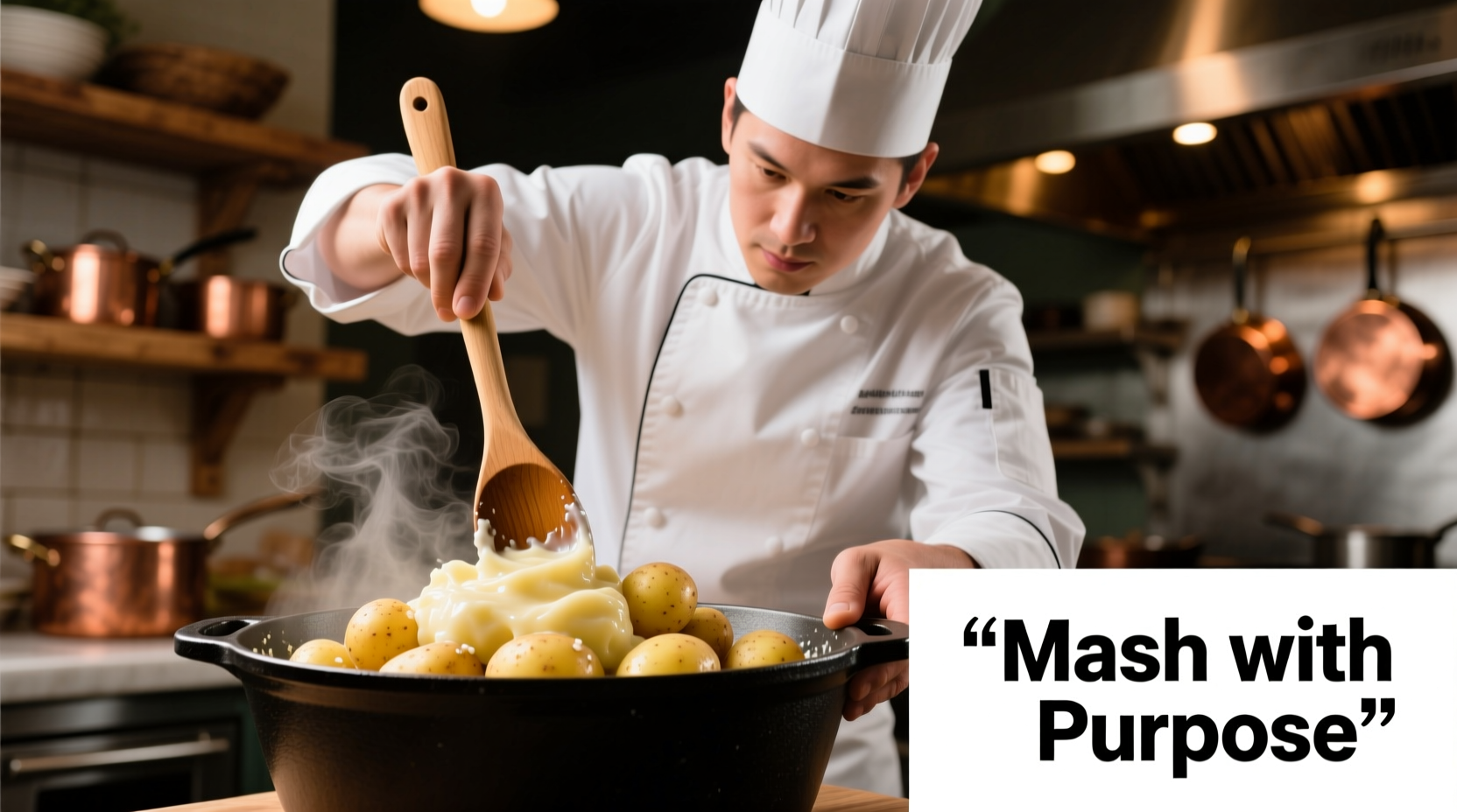 Chef demonstrating proper potato mashing technique