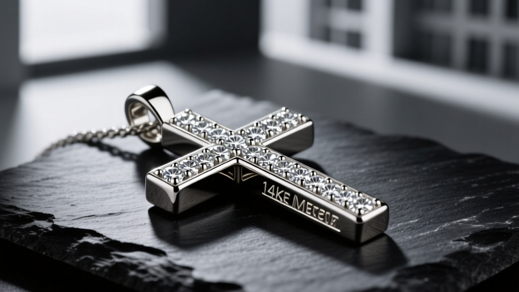 Close-up of a 14k white gold mens cross pendant paved with round diamonds, resting on dark slate under moody directional lighting.