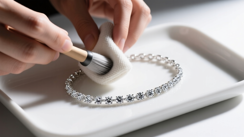 Hands buffing a clean sterling silver diamond chain with a non-abrasive microfiber cloth over a white ceramic jewelry tray.