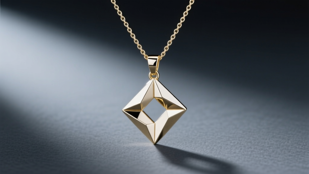 Heavy 12-gram solid 14k white gold geometric necklace pendant hanging flat on a 1.5mm cable chain against a dark slate background