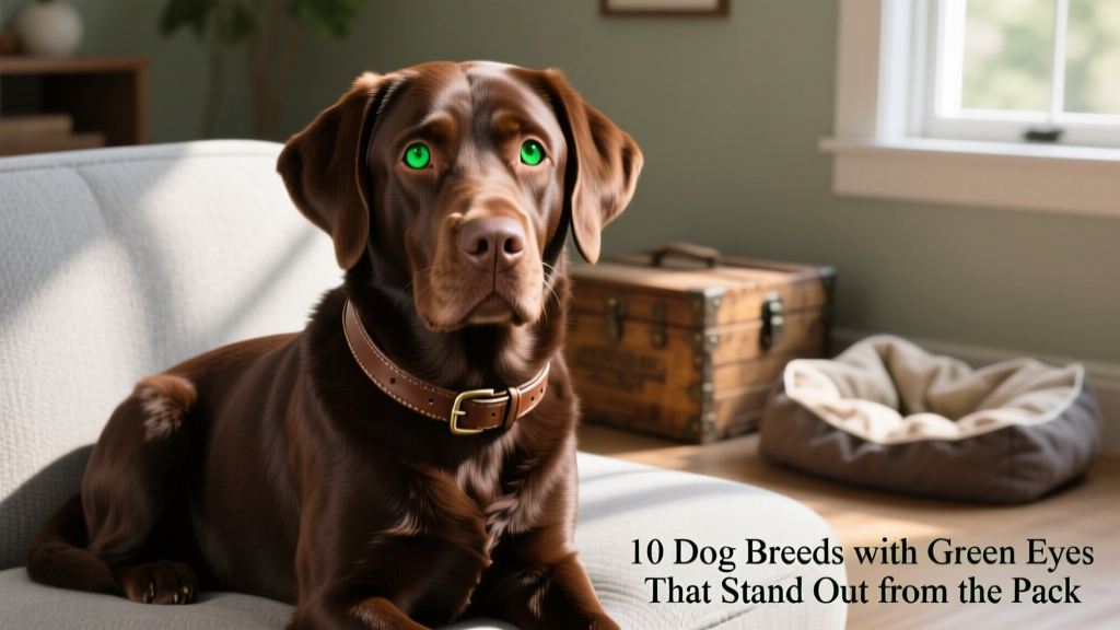 A chocolate Labrador Retriever with vivid green eyes sitting calmly on a light gray couch
