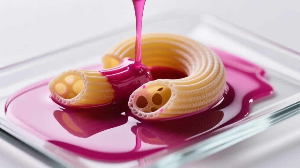 Porous pasta elbows submerged in magenta alcohol ink, absorbing vivid pigment under bright studio lighting on a clear glass tray.