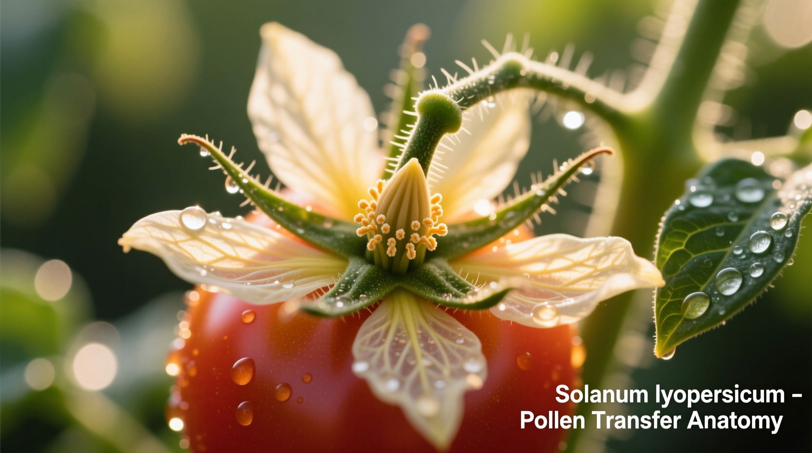 Close-up of tomato flower showing anther cone and stigma