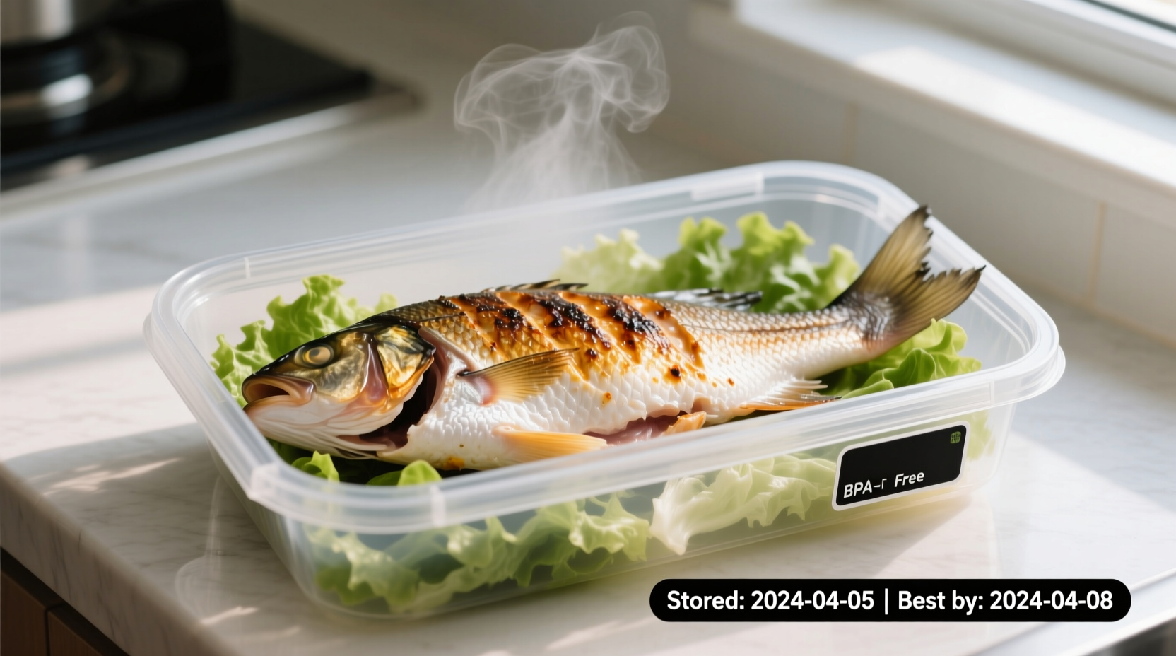 Properly stored cooked fish in airtight container