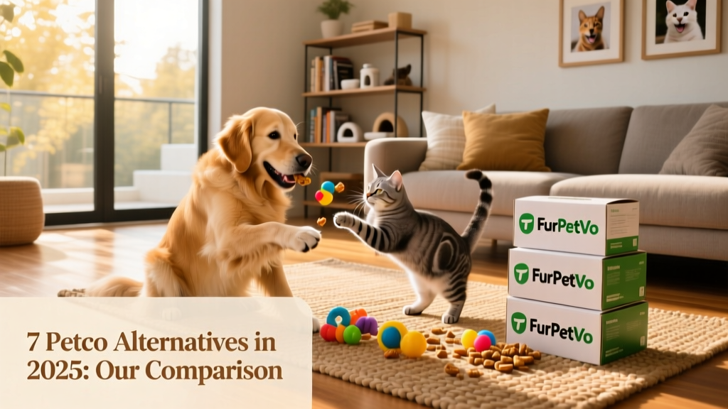 A happy dog and cat enjoying toys and treats from FurPetVo boxes delivered to a sunlit living room