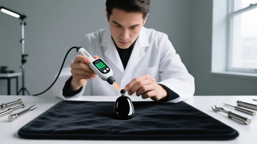 Jeweler using a digital refractometer and thermal probe to test a black jade pendant on a dark velvet gemological testing mat