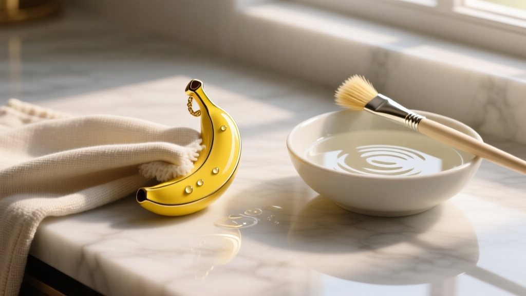 Soft cloth wiping a yellow enamel banana pendant beside a bowl of mild soapy water and a soft-bristled jewelry brush
