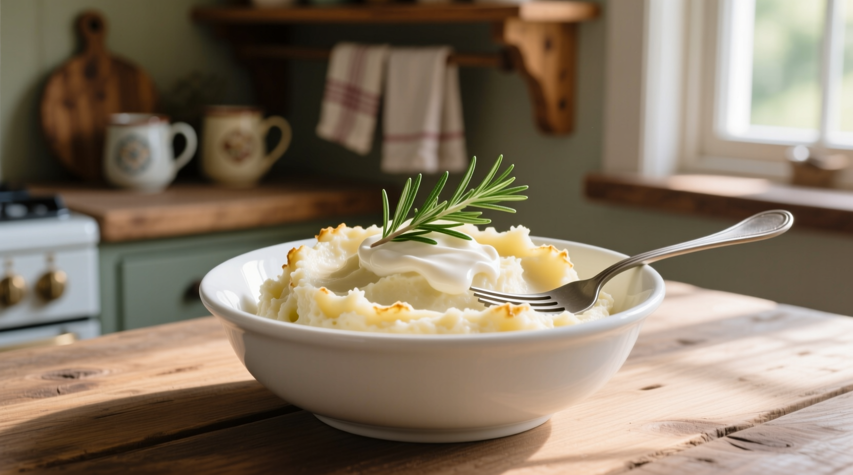 Creamy dairy-free mashed potatoes in white bowl