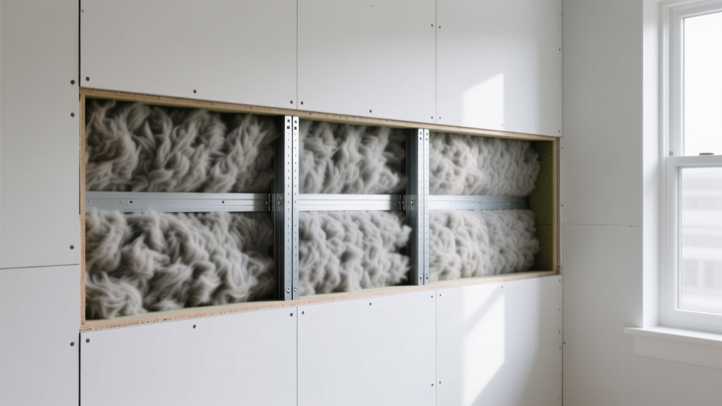 Cross-section of a framed interior wall showing dense mineral wool insulation, resilient channels, and double layers of drywall for soundproofing
