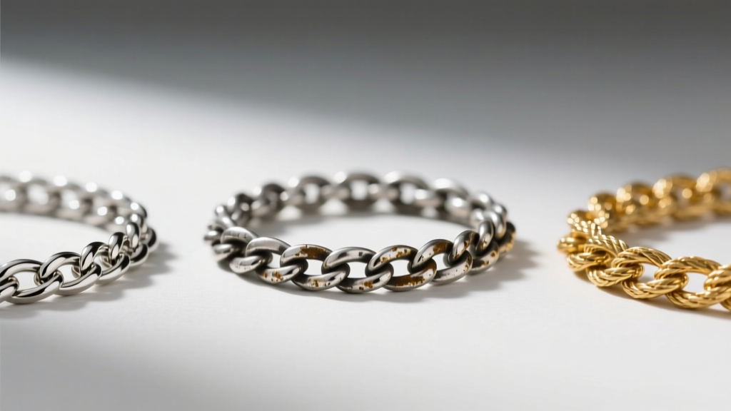 Macro photo comparing three necklace chains: tarnished sterling silver, bright 316L steel, and a warm 14k solid gold cable link.