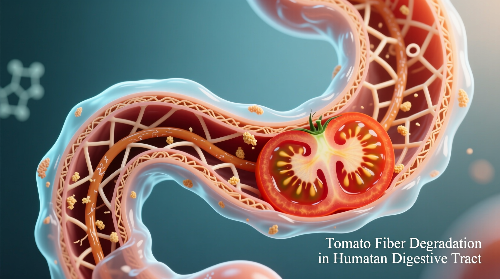 Microscopic view of tomato fiber structure in digestive system