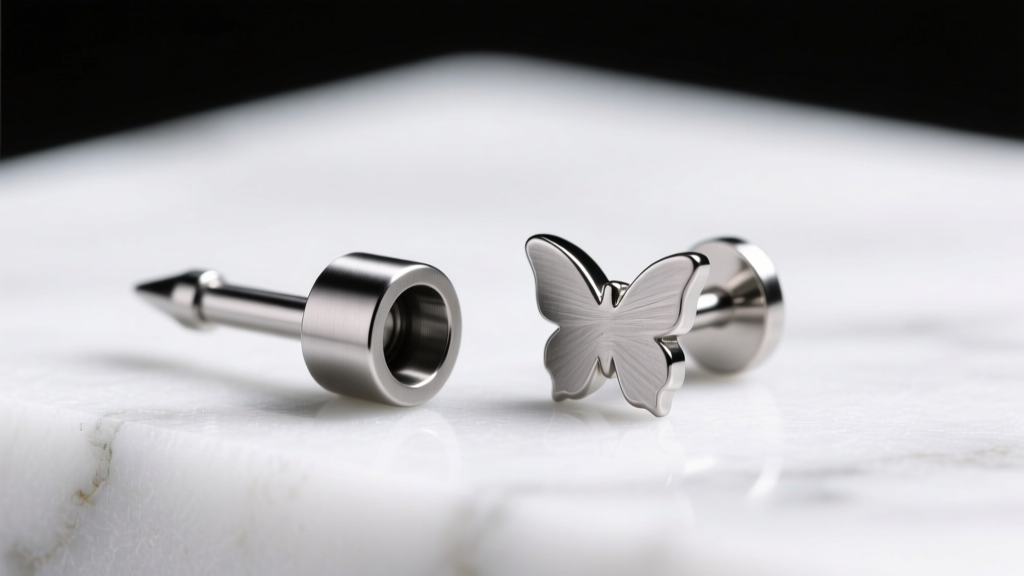 Macro shot of a titanium flat-back labret beside a butterfly-back steel stud on white marble under soft studio lighting.